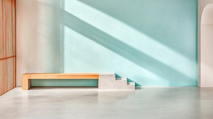 Elegant minimalist interior featuring wooden bench and modern stairs beside a calm blue wall