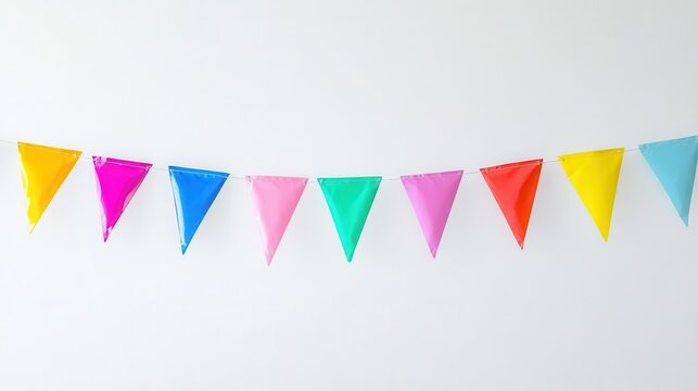 colorful party pennants strung against a clean white background, creating a cheerful and festive atmosphere, perfect for celebrations and joyous gatherings, evoking feelings of fun and excitement