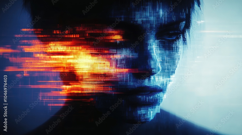 Poster a digital representation of a fragmented human face, woven with vibrant, pixelated patterns and data