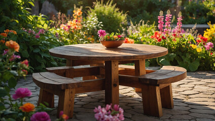 Wooden table in a blooming garden, surrounded by vibrant flowers and soft sunlight filtering through the leaves.