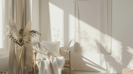 A cozy minimalist reading corner with a white canvas backdrop, Warm furniture arrangement in a Scandinavian-inspired reading nook, Hygge minimalism style