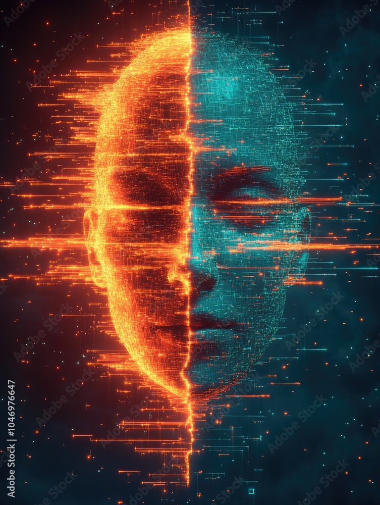 Poster the duality of technology and emotion is expressed through a digital face split into contrasting ora