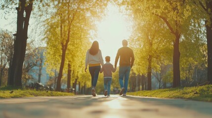 Obraz premium Family walking together in a vibrant green park, wearing casual outdoor clothes, enjoying a spring day, with warm lighting, ideal for a family outing stock photo