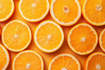Fototapeta premium Close up of several orange slices on a table. The slices are cut in half and arranged in a row. Concept of freshness and abundance, as the oranges are ripe and ready to be eaten