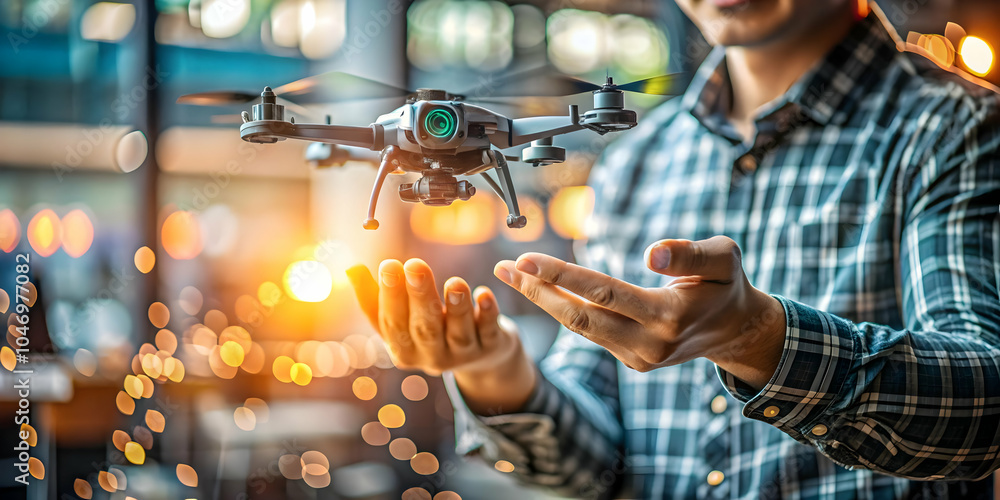 Poster futuristic image of person controlling drone swarm with hand gestures, soft abstract bokeh backgroun