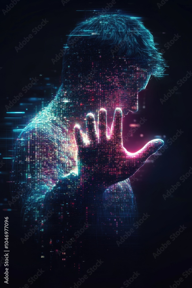 Poster an artistic depiction of a man reaching into light with pixelation effects, symbolizing ambition and