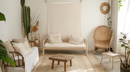 A cozy minimalist reading corner with a white canvas backdrop, Warm furniture arrangement in a Scandinavian-inspired setting, Hygge minimalism style