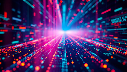 Abstract blockchain data blue purple neon tones with digital grids background.5000x2857 px.