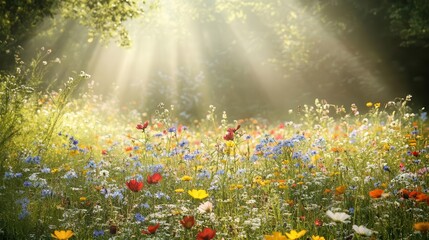 Obraz premium colorful wildflower meadow illuminated by soft sunbeams, creating a serene and inviting nature backdrop, perfect for a summer greeting card