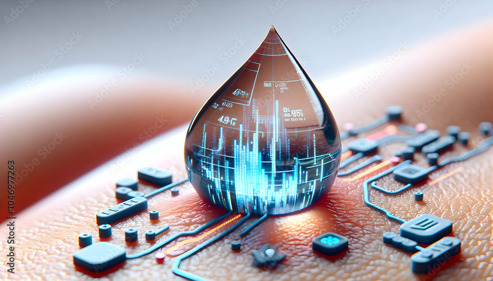 Aufkleber 3d macro shot sweat drop digital data concept close-up skin reflecting data streams fitness exercise