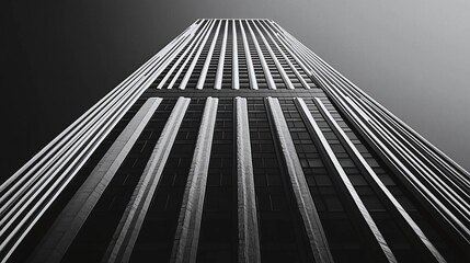 Naklejka premium A towering skyscraper captured from the street level, showcasing sleek modern architecture with clean lines and geometric patterns, all in grayscale