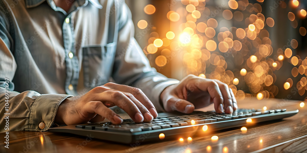 Poster soft abstract image person typing holographic keyboard bokeh lights background science fiction day a