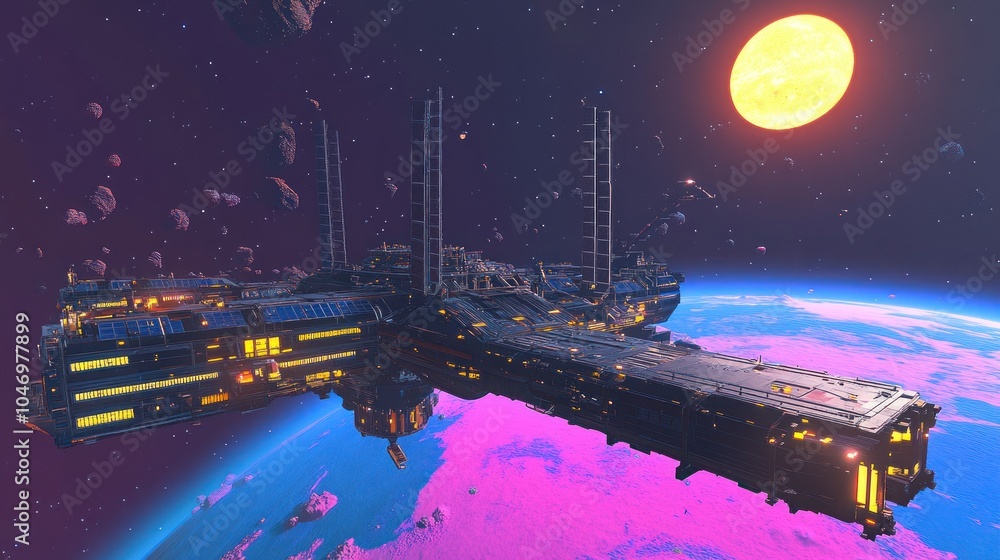 Poster A futuristic spaceship with glowing lights orbits a pink planet in a colorful space environment.