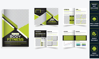 Design a fitness or gym brochure catalog template. Focus on fitness, sports action, training, workout, and gym activities, using green and black shapes for a visually appealing layout.