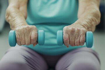 An elderly person engaged in physical rehabilitation exercises using dumbbells. This image highlights the importance of strength training and rehabilitation programs tailored for seniors