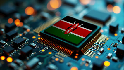 A Kenya themed chip is embedded on a circuit board with illuminated pathways, highlighting innovation in electronics and cutting-edge hardware.
