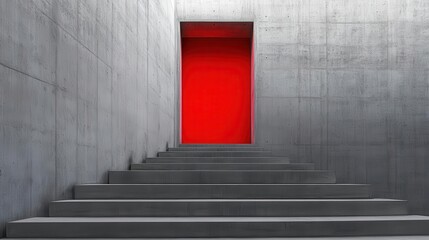 Fototapeta premium concrete stairs leading up to a striking red light doorway, the contrast of grey and red creating a sense of mystery, perfect for a dramatic architectural shot