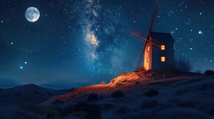 A windmill on a hill with illuminated windows, it is night with a beautiful full moon, and milky...