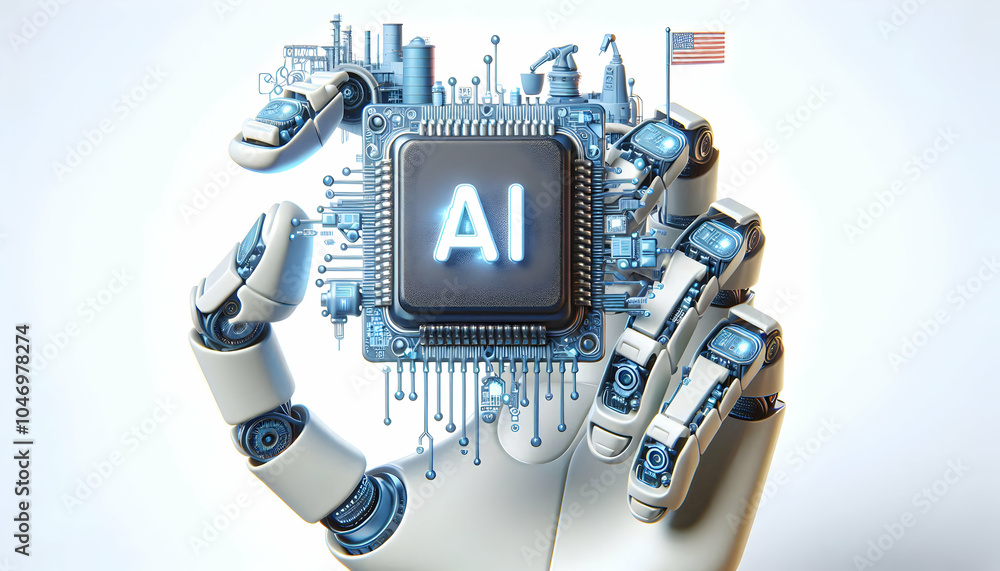 Poster 3d close up ai chip robotic hand macro shot highlighting connectivity technological progress industr