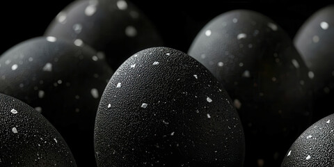 A group of black eggs with white spots on them