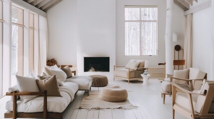 Obraz premium A cozy Scandinavian minimalist cabin-inspired living room design boasting a white canvas backdrop, furnished with minimalist Scandinavian cabin furniture arrangements