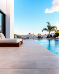 Fototapeta premium Modern outdoor pool area with lounge chairs under a clear blue sky in a serene landscape