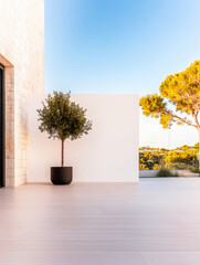 Fototapeta premium Modern outdoor space featuring a potted tree, minimalist design, and clear blue sky in the afternoon