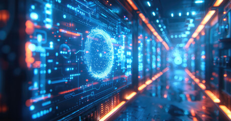 Obraz premium Electronic large screen. Particle electron around, technology, blue tone, technical sense, line, particle, ambient light, Luminescence, mysterious atmosphere.