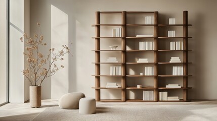 Clean and modern living room with a tall wooden bookcase, white books, and beige accents, against a soft light grey wall backdrop.