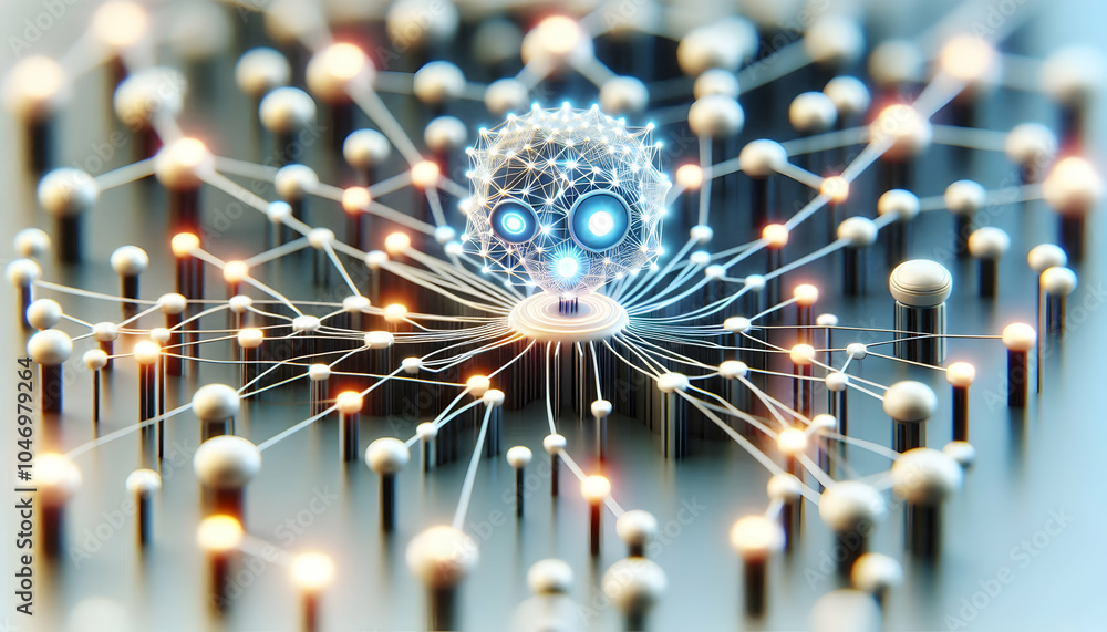 Poster 3d close up neural network visualization concept digital nodes ai data connectivity uk high tech inn