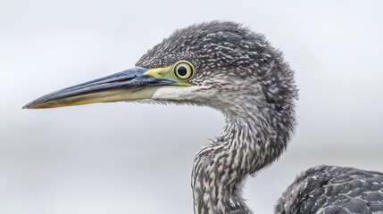 Close-up of a juvenile blue heron standing on a pier at Fish Haul Beach, against a serene ocean backdrop, with ample room for text or design