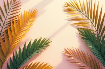 Fototapeta premium tropical leaves arrangement on pink background, flat lay concept of nature beauty and balance