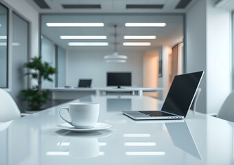 White coffee cup with laptop on office table for business concept, in clean office,