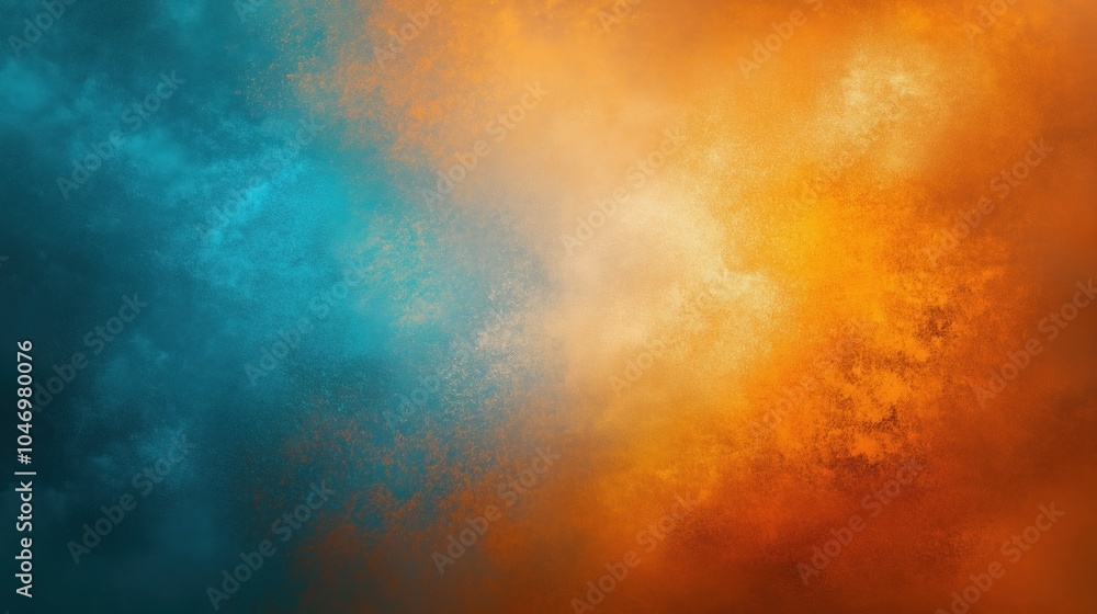 Poster Abstract background with contrasting orange and teal hues blended seamlessly, featuring a subtle dust texture overlay. The design includes soft gradations and textured layers, creating depth and warmt