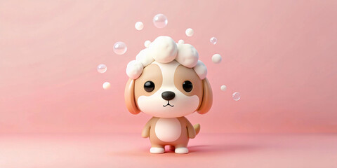 A cute, cartoon-style puppy stands against a soft pink background, covered with fluffy soap bubbles on its head. The cheerful scene conveys a playful and whimsical mood with copy space.AI generated. 