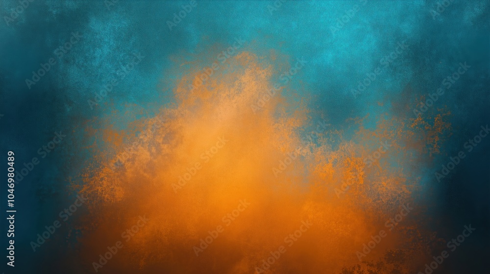 Aufkleber Abstract background with contrasting orange and teal hues blended seamlessly, featuring a subtle dust texture overlay. The design includes soft gradations and textured layers, creating depth and warmt