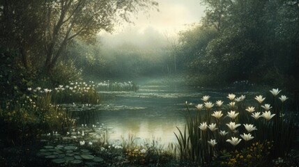 Misty morning scene with a pond surrounded by lush greenery and blooming white flowers.