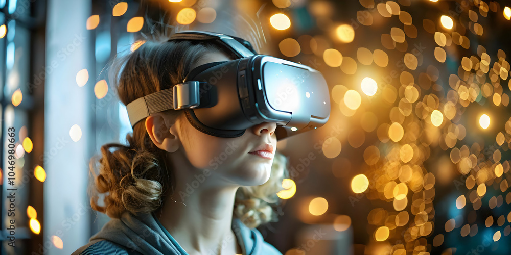 Poster soft focus digital art person virtual reality elements bokeh effects copy space celebrating science 