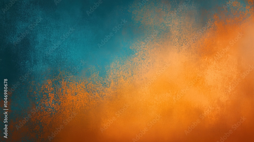 Poster Abstract background with contrasting orange and teal hues blended seamlessly, featuring a subtle dust texture overlay. The design includes soft gradations and textured layers, creating depth and warmt