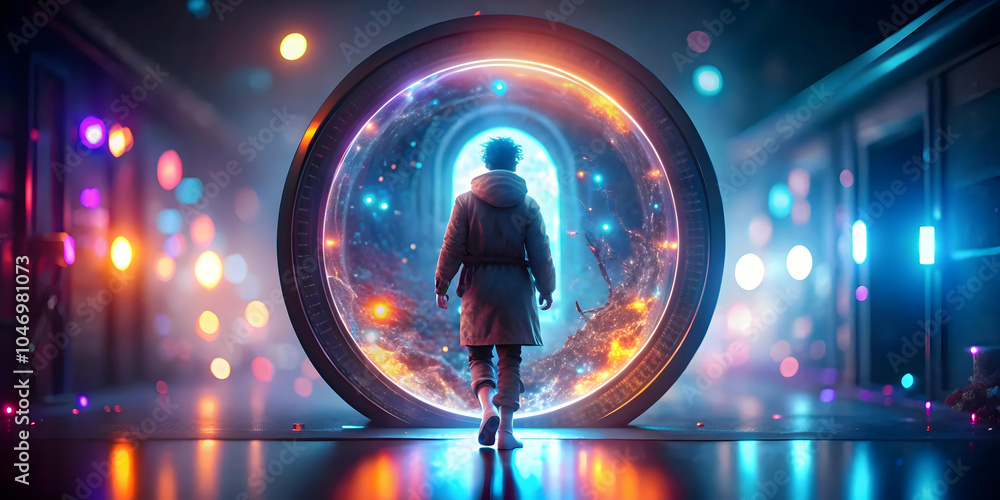 Poster soft focus image person entering portal gateway bokeh effects copy space science fiction day journey