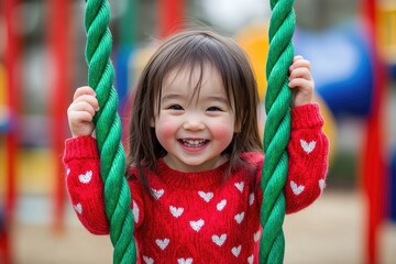 A cute little girl in a red sweater with a white heart pattern, laughing while playing on the playground climbing frame.