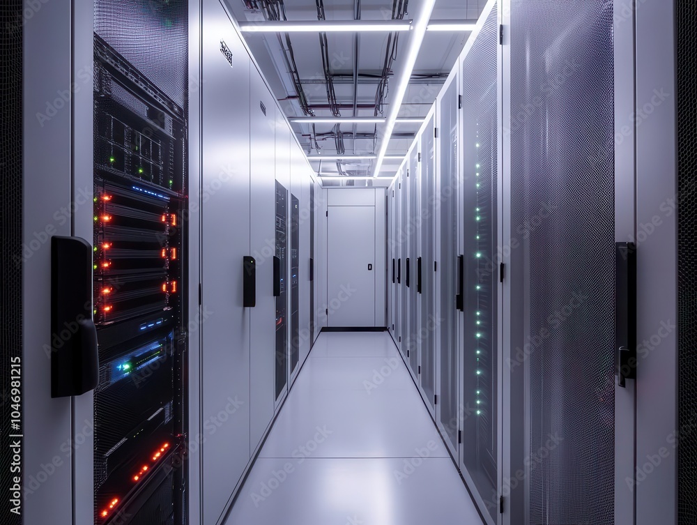 Poster a sleek, empty modern server room filled with large servers, intricate wiring, and blinking buttons,