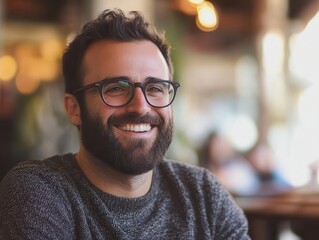 a smiling bearded man with glasses relaxes in a casual setting, exuding warmth and friendliness, inviting connection and conversation