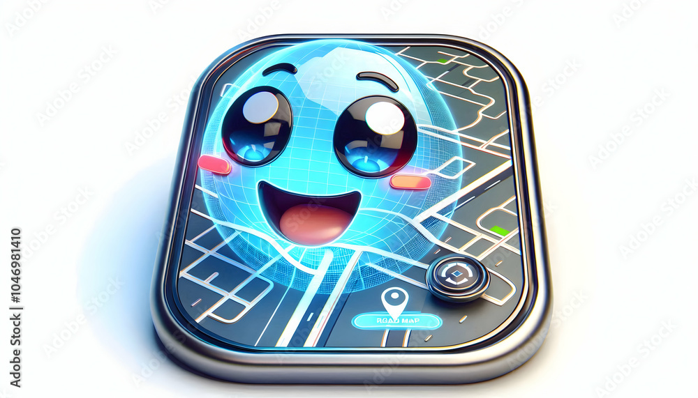 Poster 3d close-up of excited smile with holographic road map on windshield, macro image of driver's joyful