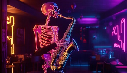 Naklejka premium Neon Skeleton Saxophonist