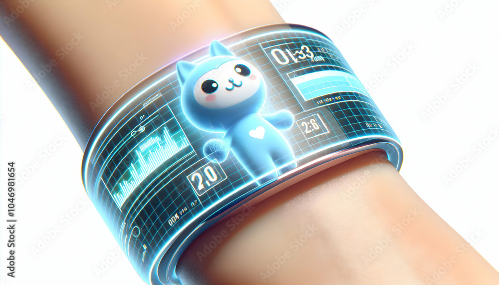 Poster 3d macro holographic fitness tracker close-up floating display skin texture futuristic exercise tech