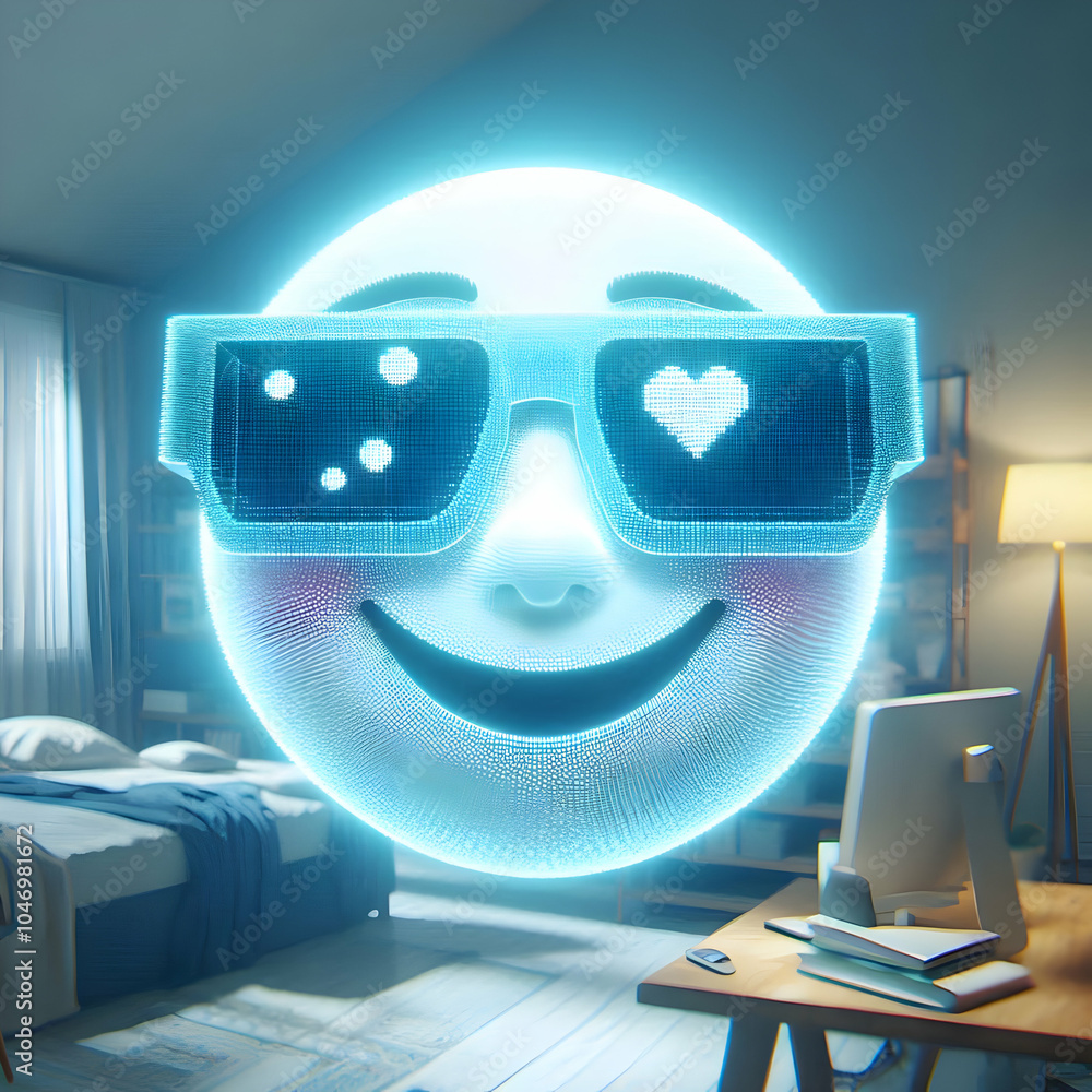 Poster 3d macro image smiling face holographic projections smart glasses home environment close up joyful e