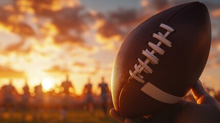 A football is being held by a person in front of a sunset