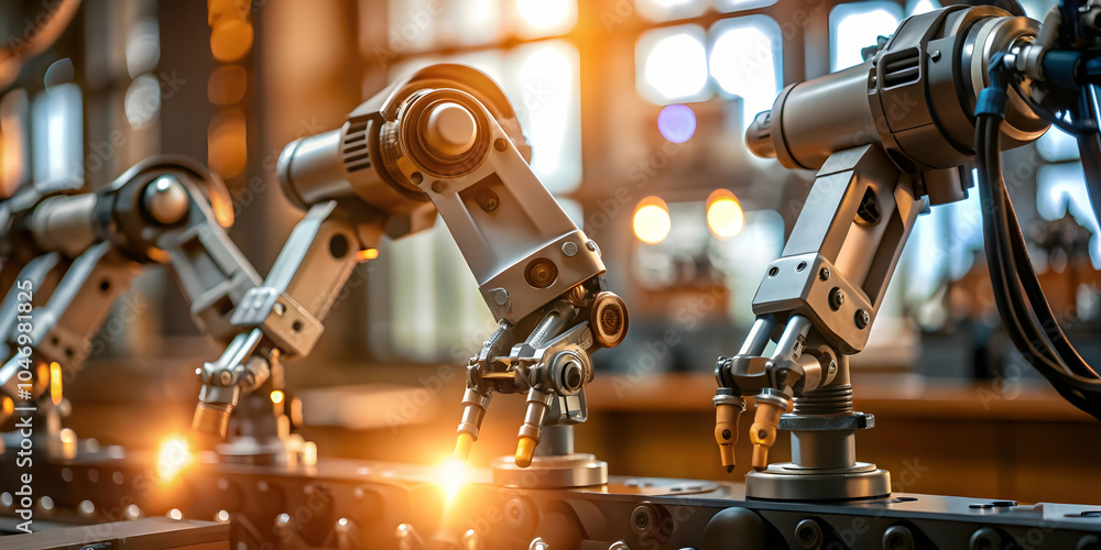 Poster robotic arms assembly soft abstract illustration bokeh digital elements advanced manufacturing scien