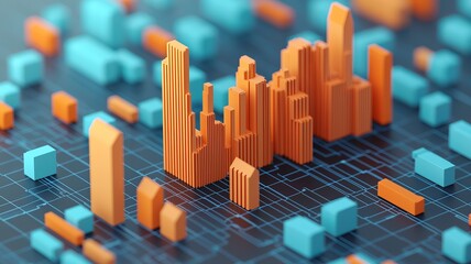 Abstract city skyline with colorful building blocks.